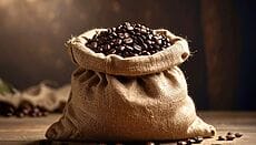 Chicchi di caffè tostati in un sacco di juta