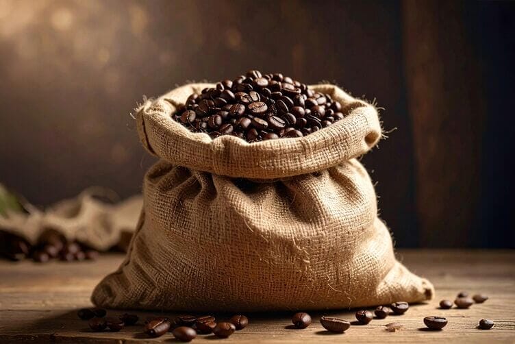 Caffè : una bevanda di cui non potrei farne a meno Chicchi di caffè tostati in un sacco di juta