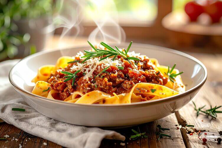 Fettuccine al ragù di lepre nel piatto Fettuccine al ragù di lepre