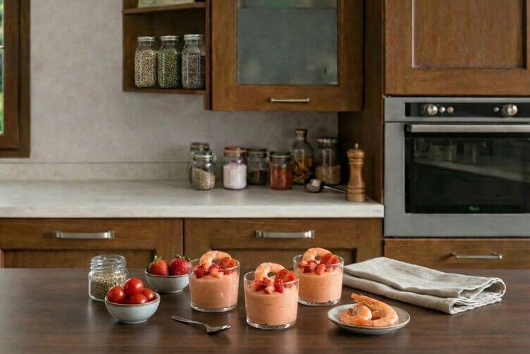 Mousse di formaggio e pomodori con gamberi