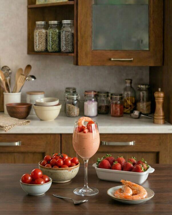 Mousse di formaggio e pomodori con gamberi in calice elegante Mousse di formaggio e pomodori con gamberi in calice elegante
