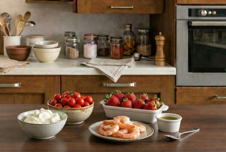 Mousse di formaggio e pomodori con gamberi ingredienti Mousse di formaggio e pomodori con gamberi ingredienti