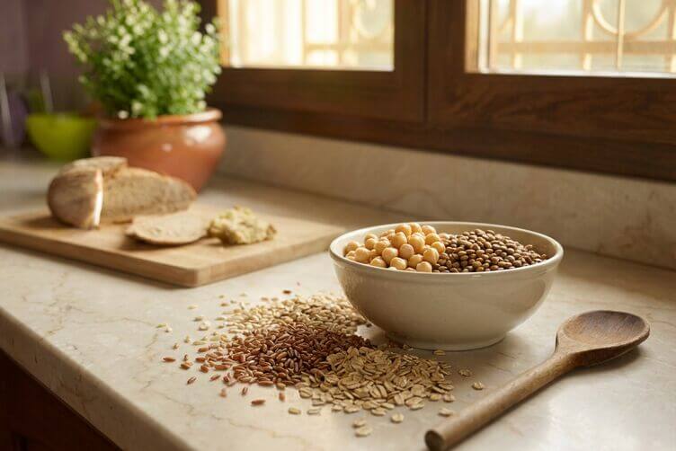Ciotola di legumi con cereali integrali sul tavolo Ciotola di legumi con cereali integrali sul tavolo