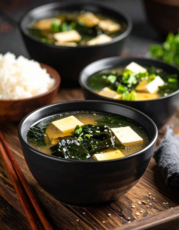 Zuppa di miso e tofu con alghe wakame