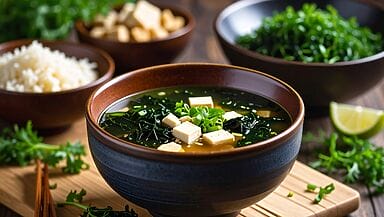 Zuppa di miso e tofu con alghe wakame