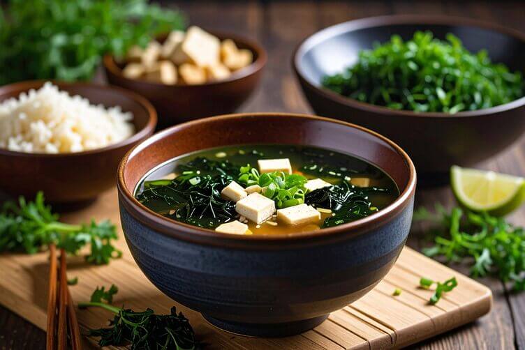 Zuppa di miso e tofu con alghe wakame