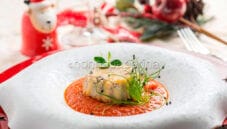 Tortini di alici con carote viola in zuppetta di pomodoro