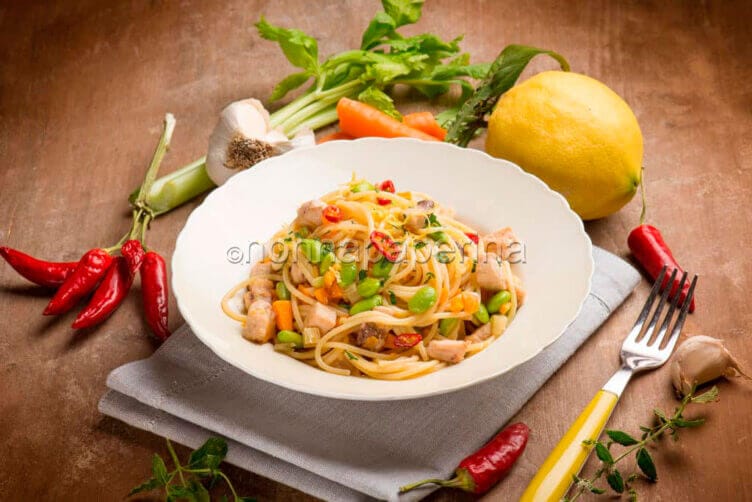 Spaghetti con pesce spada ed edamame