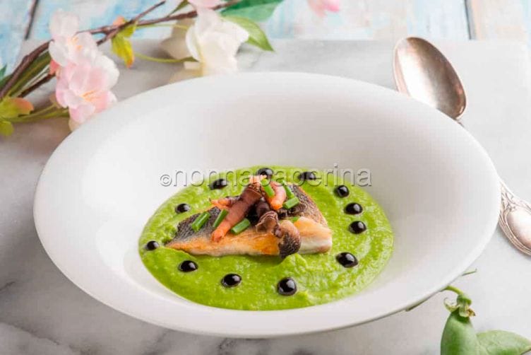 Branzino con percebes e crema di piselli branzino con percebes