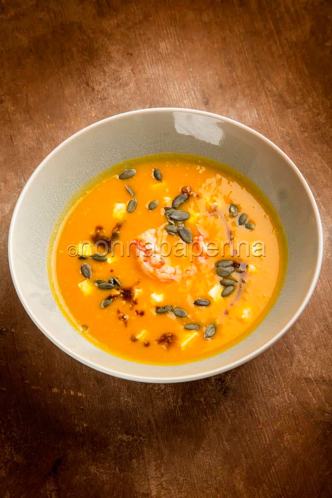 Crema di zucca, quartirolo e gamberi, Crema di zucca, quartirolo e gamberi,