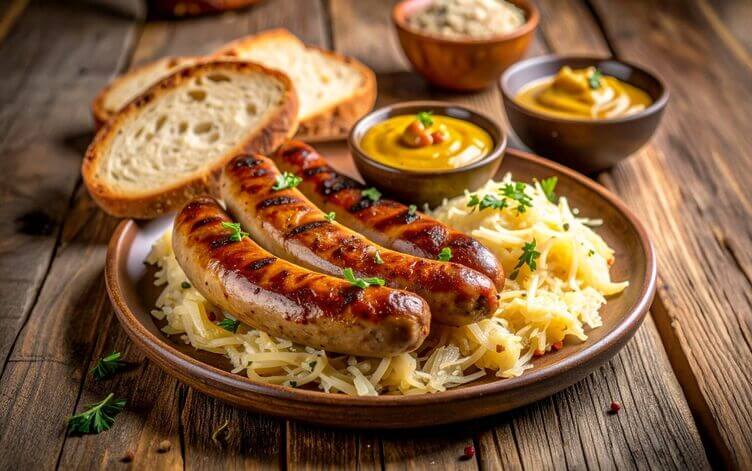 Bratwurst tedesche con crauti fatti in casa Bratwurst tedesche con crauti fatti in casa