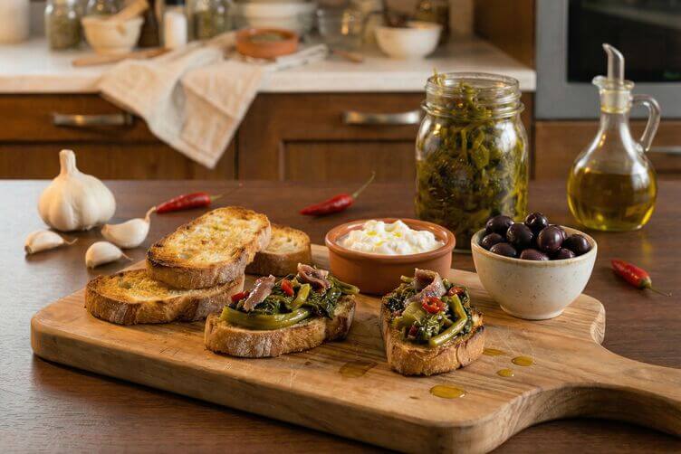 apertivo con bruschette con cime di rapa sottolio