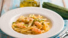 Mezze penne con gamberi e zucchine. Piatto vincente