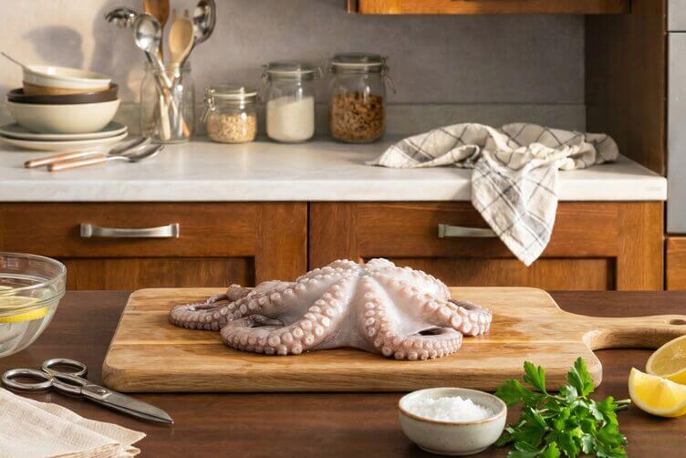 Pulizia del polpo sul tagliere con forbici da cucina e limone