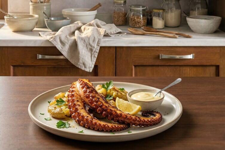 Tentacolo di polpo croccante con patate rustiche e salsa al limone