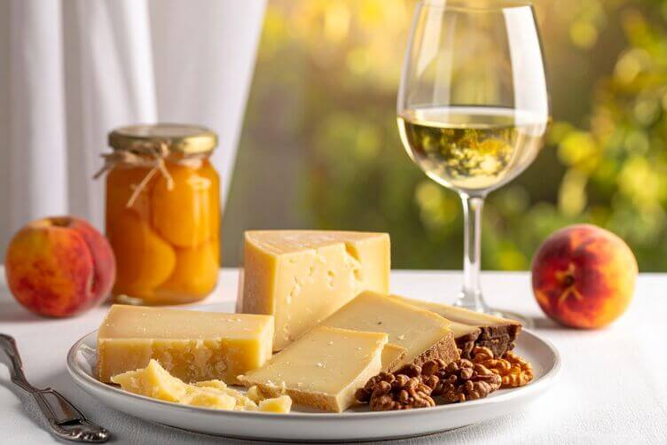 tagliere di formaggi con pesche sciroppate tagliere di formaggi con pesche sciroppate