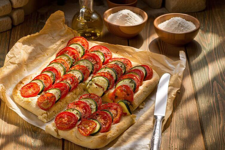 focaccia alta con pomodori e zucchine