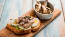 Tartina con spratto di aringa, un antipasto proteico