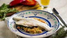 Cous cous con peperoni e branzino, piatto unico