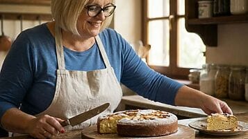 Tiziana Colombo mostra la sua torta di mele senza glutine , senza lattosio e senza nichel fatta in casa