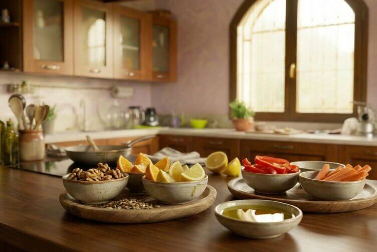 Ingredienti ricchi di nutrienti agrumi, verdure, semi e olio extravergine 1