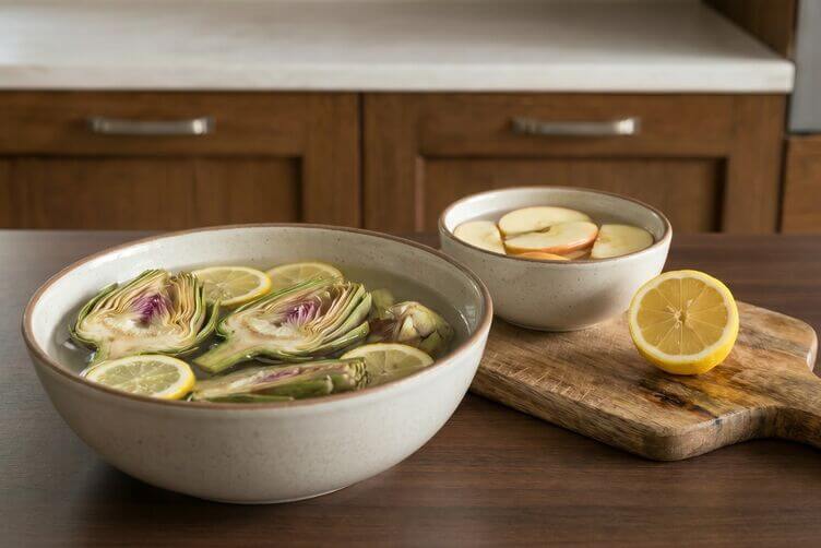 Carciofi e mele in acqua e limone per evitare che anneriscano Carciofi e mele in acqua e limone per evitare che anneriscano