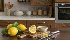 Limone in cucina con succo, scorza grattugiata e limoni freschi