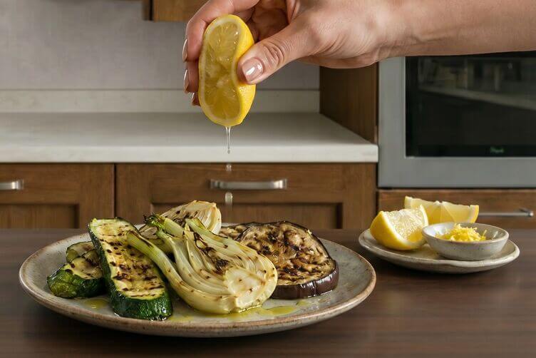 Succo di limone aggiunto a fine cottura sulle verdure grigliate Succo di limone aggiunto a fine cottura sulle verdure grigliate