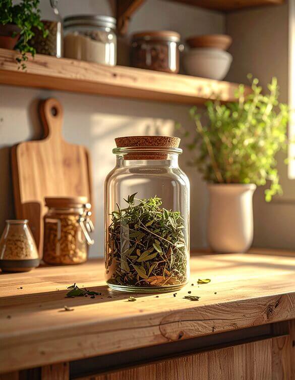 foglie di verbena essiccate in barattolo di vetro foglie di verbena essiccate v