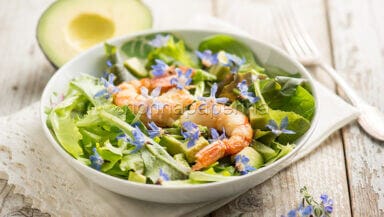 Insalata con fiori di borragine e gamberi
