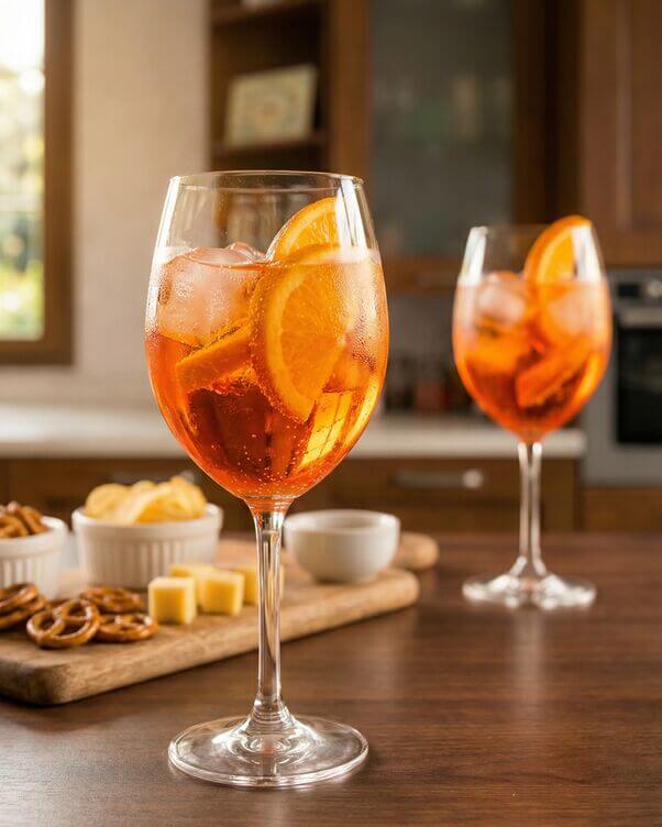 Primo piano di un bicchiere di spritz con arancia e ghiaccio Primo piano di un bicchiere di spritz con arancia e ghiaccio