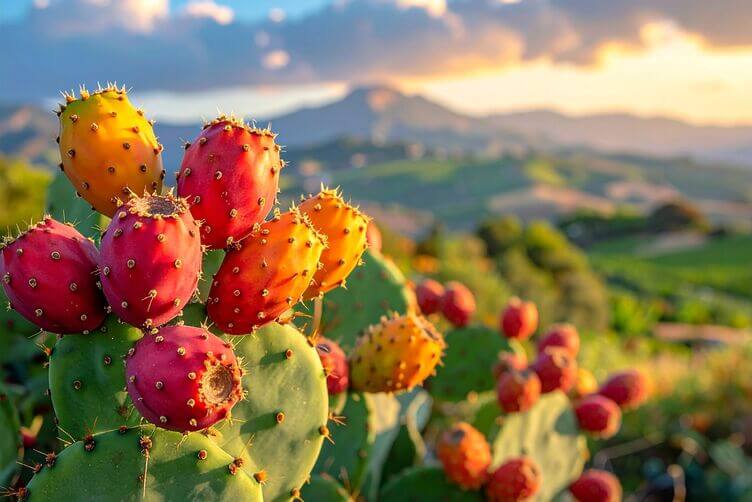 Campo di fichi d’India in Sicilia con frutti maturi arancioni e rossi
