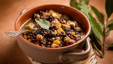 Zuppa di roveja con zucca e salsiccia