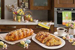 Braided sweet bread with raisins and candied fruit, an Easter dessert