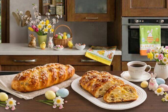 Braided sweet bread with raisins and candied fruit, an Easter dessert