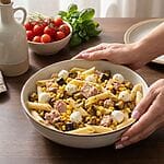 Cold summer pasta, a light but flavour-rich version