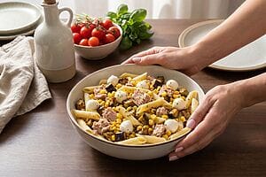 Cold summer pasta, a light but flavour-rich version