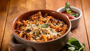 Pasta al forno con piselli e melanzane