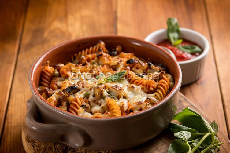 Pasta al forno con piselli e melanzane