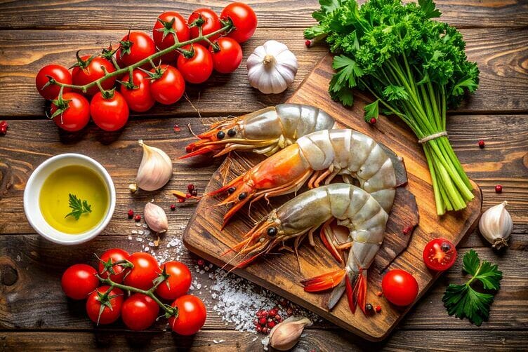 ingredienti gamberoni in padella con pomodorini fresch