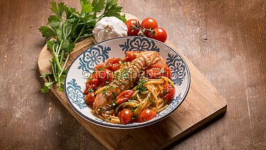 Spaghetti con polpa di canocchie e pomodorini