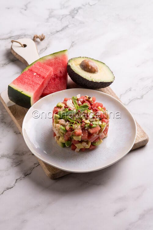 Tartare di gamberi e anguria marinata