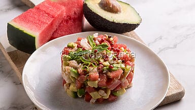 Tartare di gamberi e anguria marinata