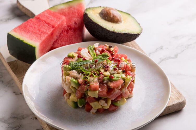 Tartare di gamberi e anguria marinata