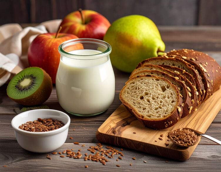 Colazione fibermaxxing con pane integrale, frutta fresca e semi di lino Colazione fibermaxxing con pane integrale, frutta fresca e semi di lino