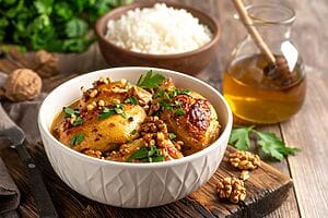 Pollo al miele e noci con riso Basmati, un secondo fusion Pollo al miele e noci con riso Basmati, un secondo fusion
