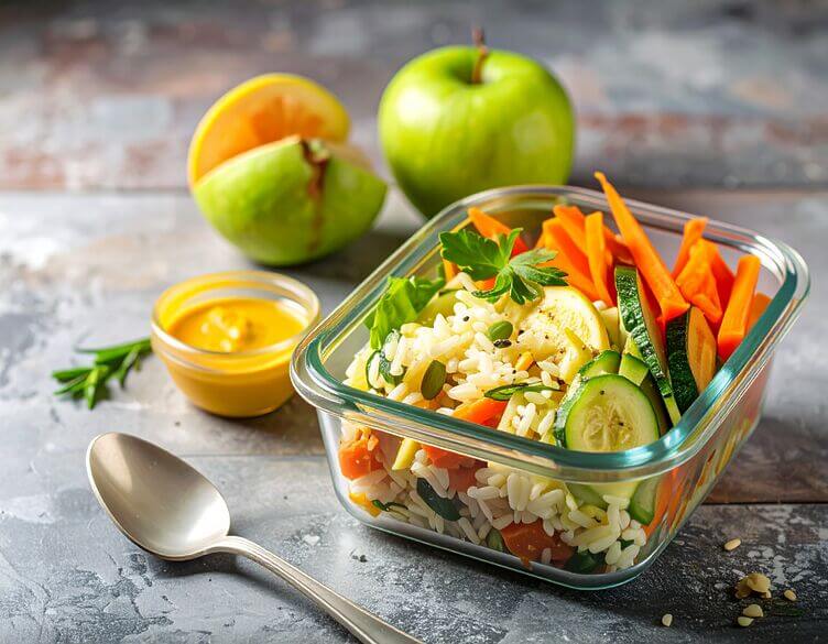 Schiscetta fibermaxxing insalata di riso, verdure e mela