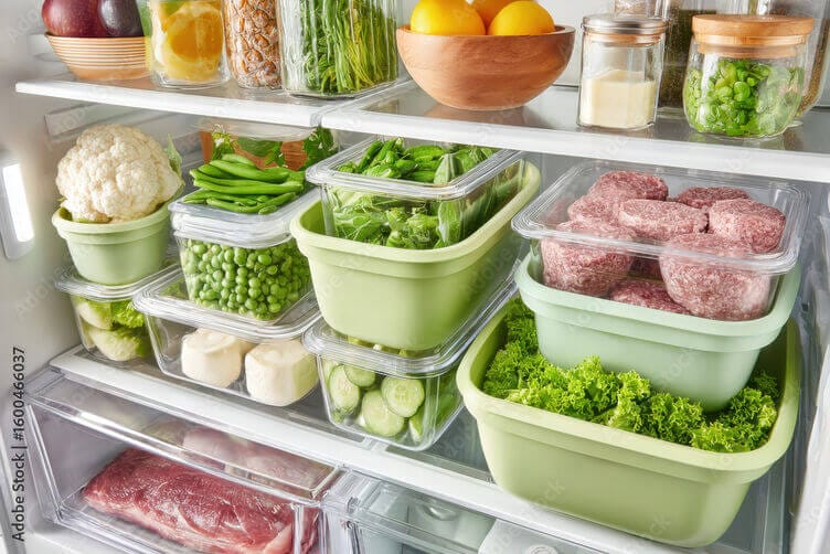 Frigorifero ordinato con verdure fresche e prodotti clean label senza glutine e lattosio Clean label frigorifero