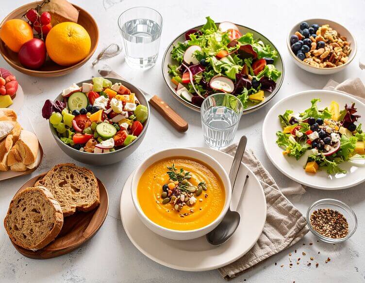 fibermaxxing un pasto completo fibermaxxing: zuppa di verdure, insalata mista, pane integrale