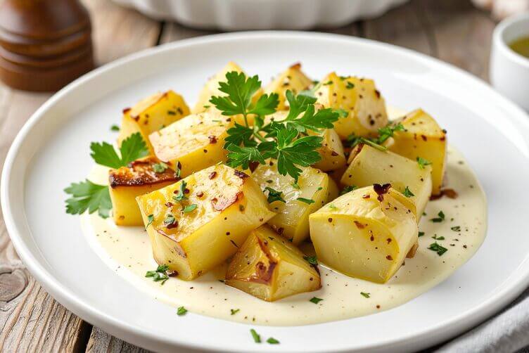 Cavolo rapa al forno a cubetti, guarnito con erbe aromatiche